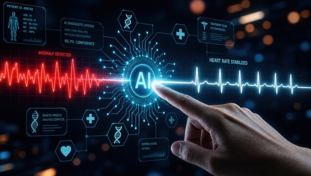 Artificial intelligence medical interface with hand touching digital screen, featuring heartbeat monitor and diagnostic data for futuristic healthcare technology and smart clinic marketing.