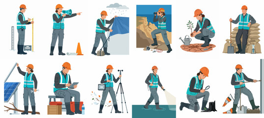 Fototapeta premium Collection of illustrations showing emergency response and civil protection workers performing various relief, construction, and environmental tasks in safety gear.