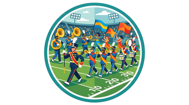 Marching band performing on a football field in a circular illustration