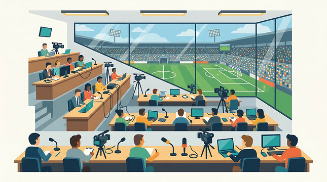 Media broadcasting team operating cameras and computers in a stadium press box