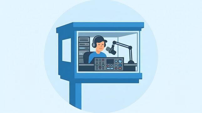 Person working inside a broadcast radio studio booth