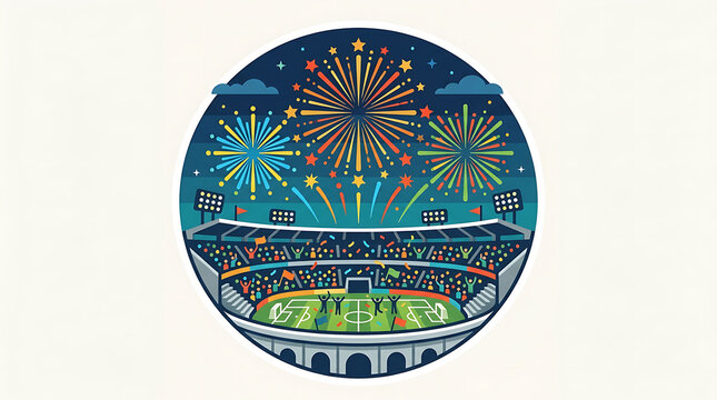 Soccer stadium celebration with fireworks at night