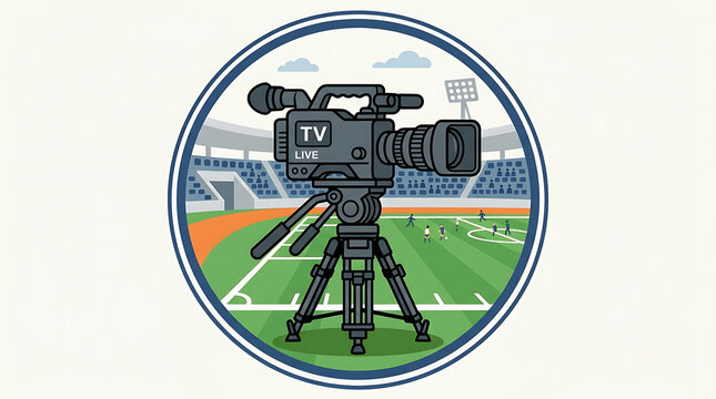 television camera on tripod filming a soccer match in a stadium