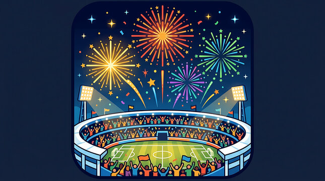 Stylized soccer stadium filled with cheering fans under a night sky illuminated by colorful fireworks