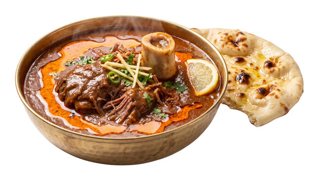 Traditional beef nihari stew in brass bowl with naan bread, slow cooked spicy meat curry with bone marrow, authentic pakistani cuisine isolated PNG with Transparent Background