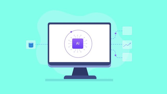 Modern flat vector animation showing a computer monitor with an artificial intelligence interface and connected database, analytics chart, trend graph, and document icons, representing AI data analysi