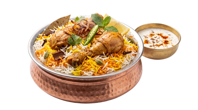 Authentic chicken biryani in copper handi, traditional Indian basmati rice dish with raita, aromatic spicy poultry pilaf isolated PNG with Transparent Background