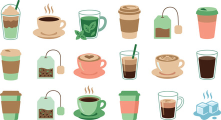 Fototapeta premium Hot and Cold Coffee and Tea Beverage Icon Set with Mugs Paper Cups and Teabags Vector