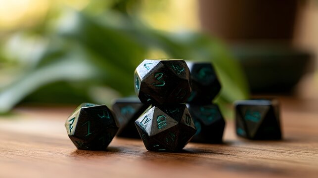 A set of dark metallic dice with teal numbers resting on a wooden surface  surrounded by blurred green foliage