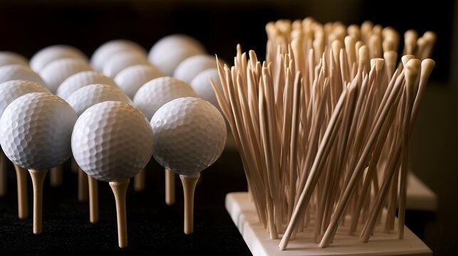 White golf balls on wooden tees arranged in rows next to a bundle of wooden toothpicks on a dark surface