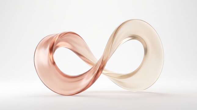 Abstract 3D infinity symbol sculpture with smooth gradient texture from rose gold to white, representing endless loop, continuity, and eternal connection isolated on clean white