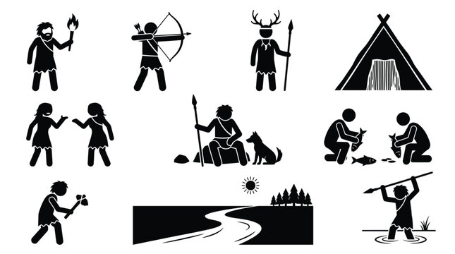 Prehistoric caveman stick figure icon set showing daily lifestyle activities in a flat black vector illustration
