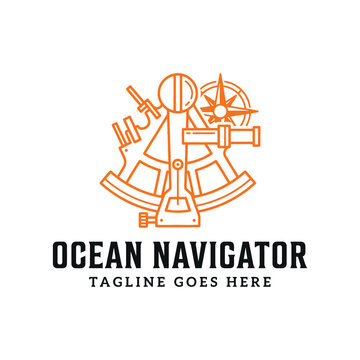 Orange marine navigation sextant instrument with compass rose telescope outline logo design