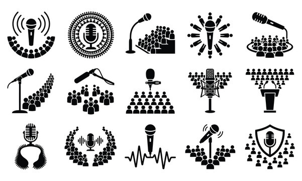 Collection of microphone icons and symbols in black and white vector illustration