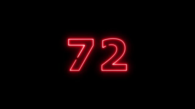 Abstract beautiful red neon business counting number 72 icon conceptual background 4k animation.