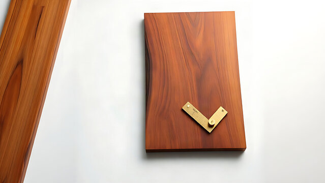 Polished padauk wood slab with brass carpenter's square, bright studio surface, wide crop