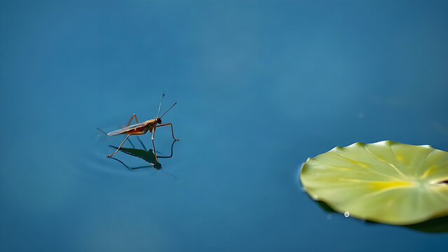 Water strider insect on calm blue water with lily pad, nature and aquatic ecosystem concept