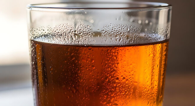 A cold glass of amber colored beverage with condensation droplets on the outer surface with visible water condensation
