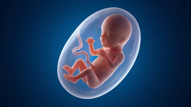 Discover the miracle of life! This detailed 3D render shows a 19 to 20-week-old human fetus floating peacefully in the amniotic sac, highlighting the umbilical cord and developing limbs.