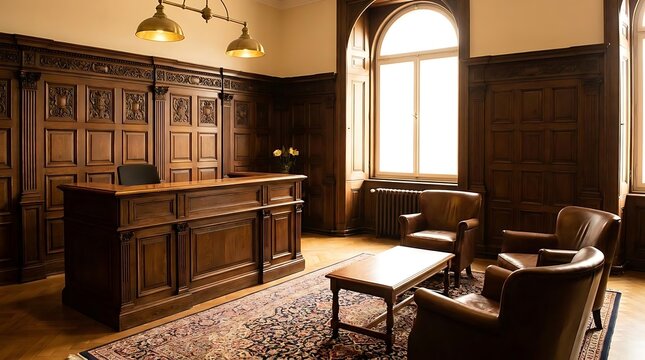 Classic wood paneled law office with leather armchairs.