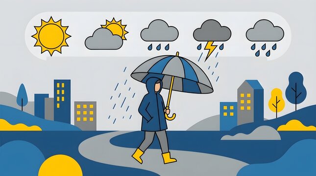 Weather Forecast Illustration Man Walking in Rain with Umbrella in Cityscape