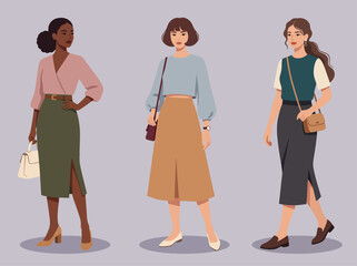Fototapeta premium Three diverse young women in stylish modern casual clothing vector illustration