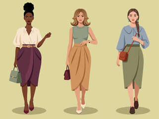 Obraz premium Fashion vector illustration of elegant women posing in stylish modern outfits