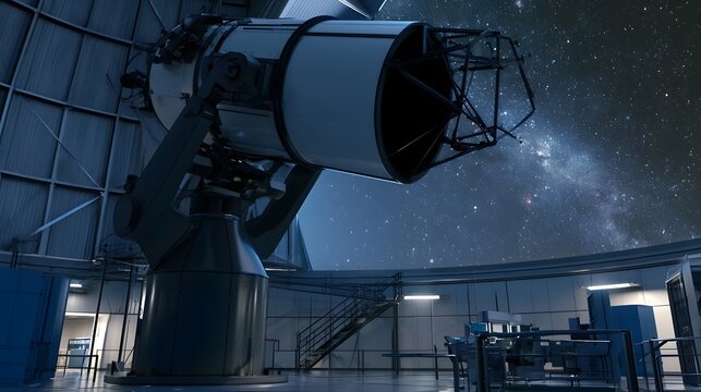 Large telescope inside observatory dome pointing toward starry night sky with Milky Way visible