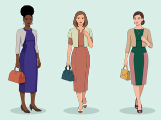 Obraz premium Vector illustration of diverse elegant business women in formal dresses