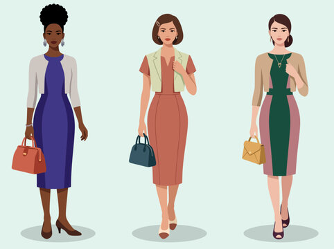 Professional Diverse Business Women Wearing Elegant Corporate Dresses Holding Handbags