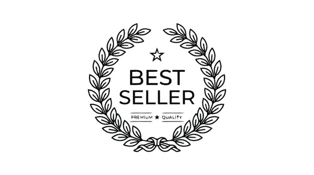 Best seller badge designed as a circular laurel wreath with a star on a white background.