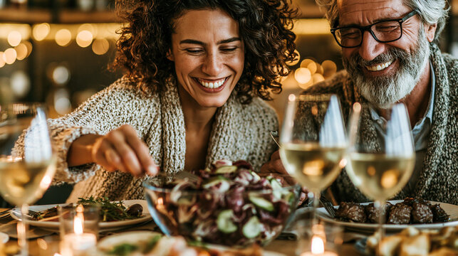 Happy couple enjoying a delicious dinner together at a cozy restaurant with dinner date