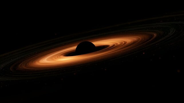 A black hole with a glowing accretion disk swirling around it in deep space  viewed from a three quarter perspective