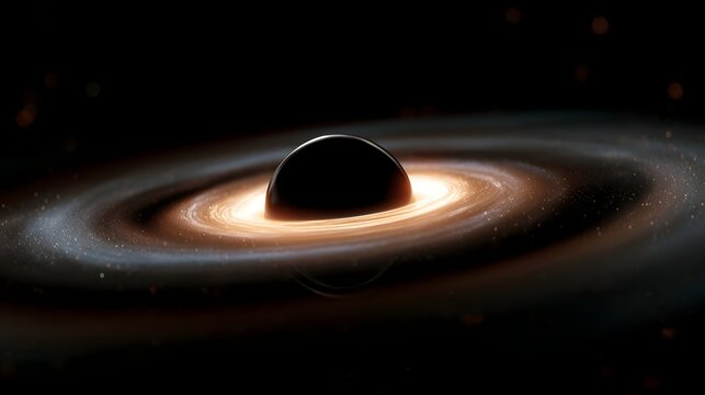 A black hole with a glowing accretion disk swirling around it in deep space  surrounded by cosmic dust particles