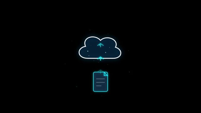 Neon blue cloud icon with a document symbol and upward arrow representing file upload and cloud storage technology