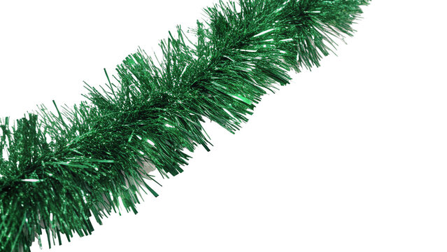 Fluffy green tinsel garland Christmas holiday decoration isolated on transparent background