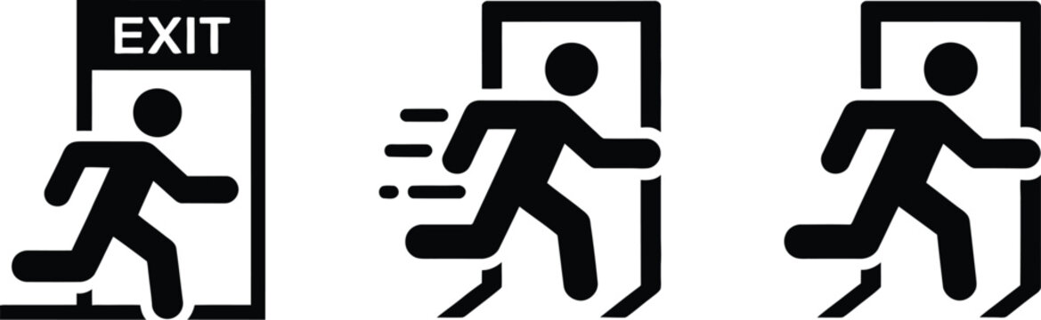 Running person silhouettes with exit signs representing emergency evacuation routes, fire safety, escape procedures, building security, and emergency planning.