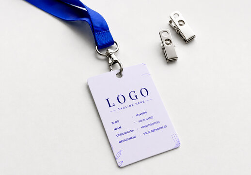 Corporate ID Card Badge Mockup with Blue Lanyard on White Surface
