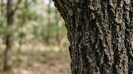 Obraz premium Old Tree Trunk with Rough Bark Texture in a Lush Green Forest, Natural Woodland Surface Pattern and Rustic Outdoor Nature Background in Spring
