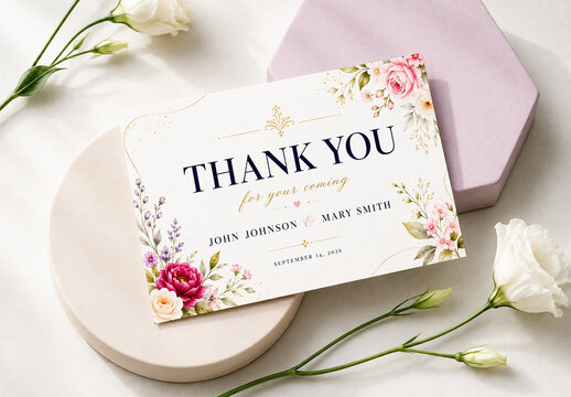 Floral Thank You Card Mockup on Geometric Props