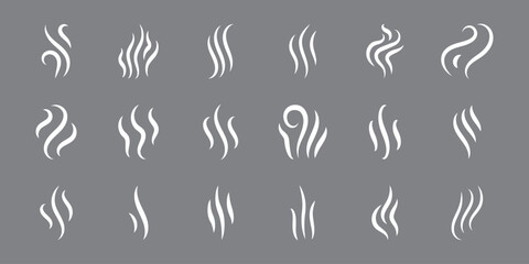 Fototapeta premium Smoke and steam symbols collection with decorative swirls and vapor lines in white silhouette style. Steam icons set isolated on gray background. 