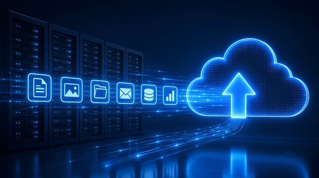 Digital data upload to cloud storage showing server racks and multimedia file icons transferring through network lines