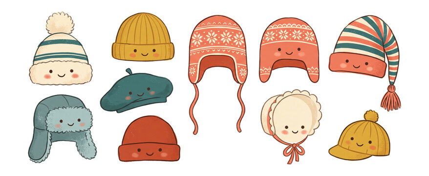 Smiling Winter Hats in Retro Folk Art Clipart Collection