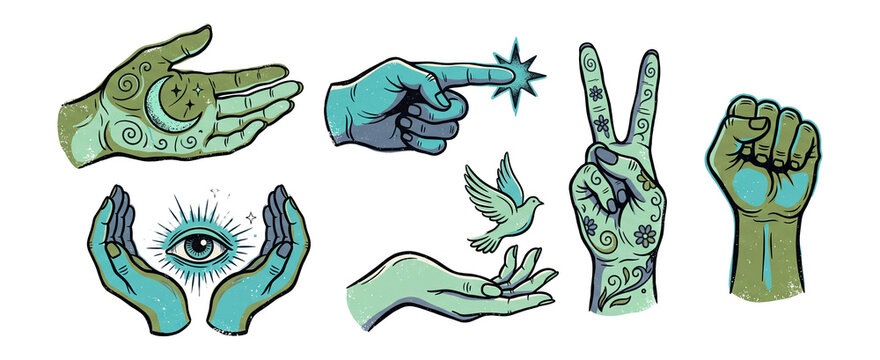 Retro Psychedelic Hands with Celestial Gesture Symbols