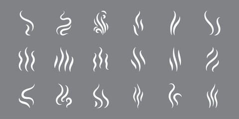 Fototapeta premium Smoke and steam symbols collection with decorative swirls and vapor lines in white silhouette style. Steam icons set isolated on gray background. 
