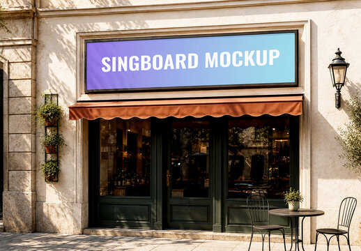 Frontal Storefront Signboard Mockup on Cafe Building Facade