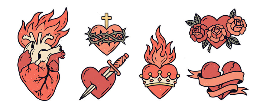 Sacred Heart Vintage Tattoo Flash Symbol Collection