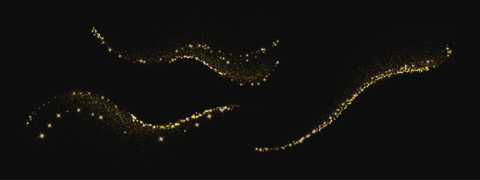 Sparkling gold glitter wave trails set. Shimmering star dust curves with bokeh light particles on black. Shiny luxury swoosh for card, banner, holiday, celebration. Vector design elements.