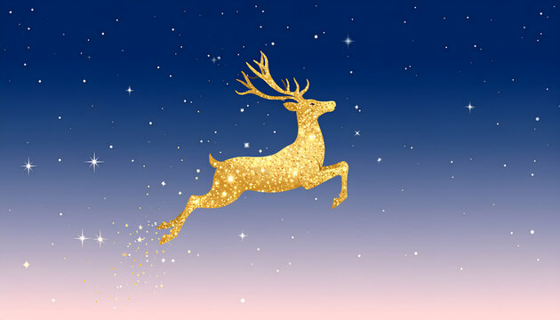 Reindeer drawn as a golden star constellation leaping across starry night sky creating elegant dreamy mood generative AI