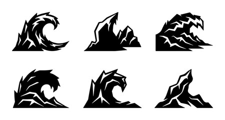 Fototapeta premium Stylized Wave Icons, Ocean Water Elements, Sea Storm Graphics, Aquatic Nature Symbols, Dynamic Water Shapes, Set of 6 Black Vector Illustrations